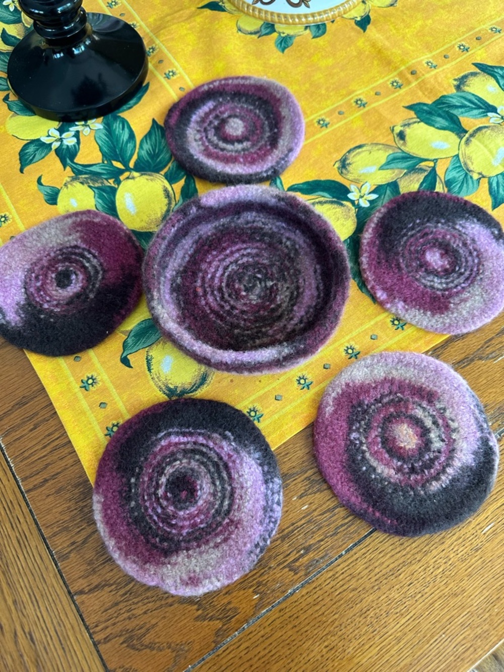 Crocheted Handmade 100% Wool Coasters (5) and Matching Nesting Bowl Set EUC